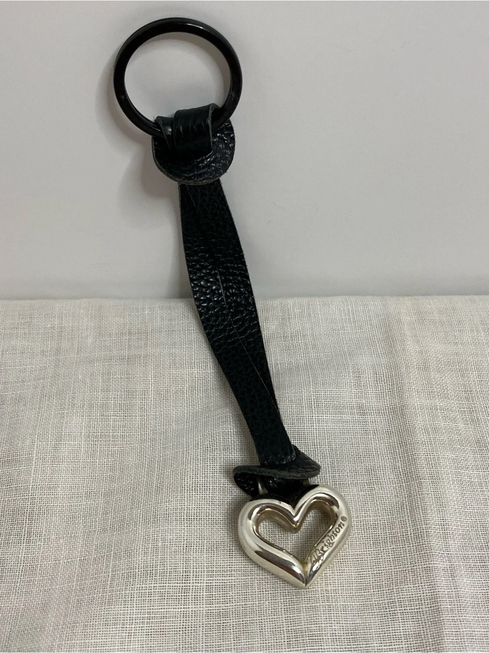 Brighton Heart Key Chain Charm Fob Black Pebbled Leather Silver Tone